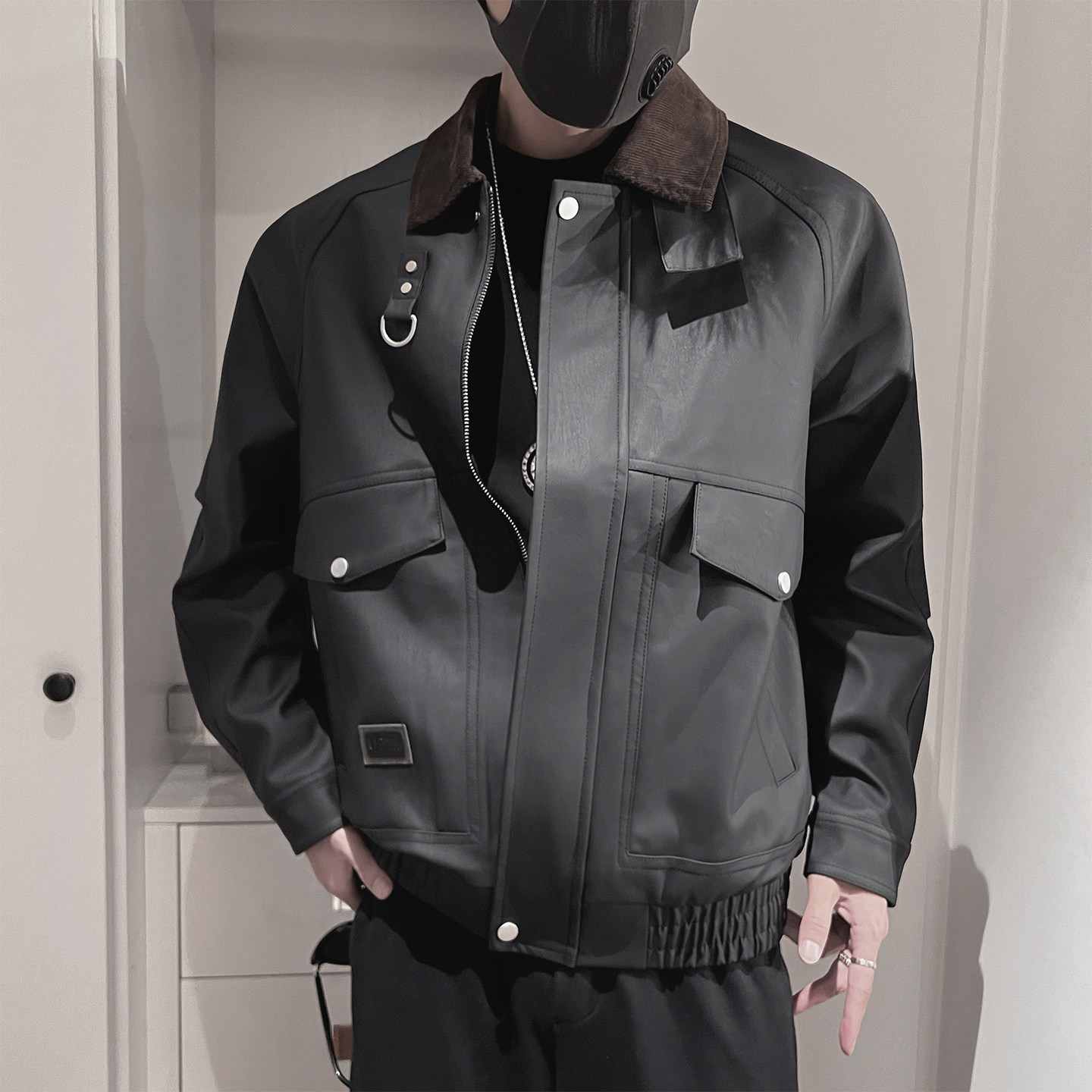 PY05-P128-控168-M-3XL-90%PU皮10%其他拼接绒布翻领皮衣合身版型,男装皮衣,电商A216