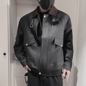 PY05-P128-控168-M-3XL-90%PU皮10%其他拼接绒布翻领皮衣合身版型图片