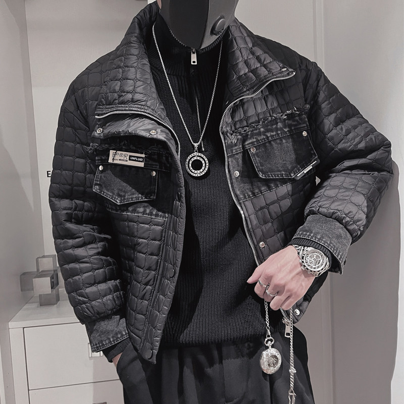 Y70-P118-控158牛仔拼料假两件棉衣男冬季保暖棉袄冬装外套白主2,男装棉衣,电商A216