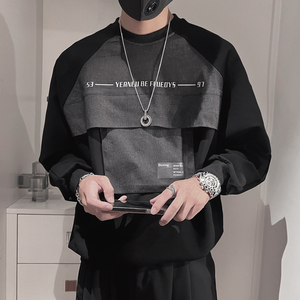 WY107-P68-控98 秋季新款卫衣男休闲圆领套头牛仔拼料卫衣男上衣图片