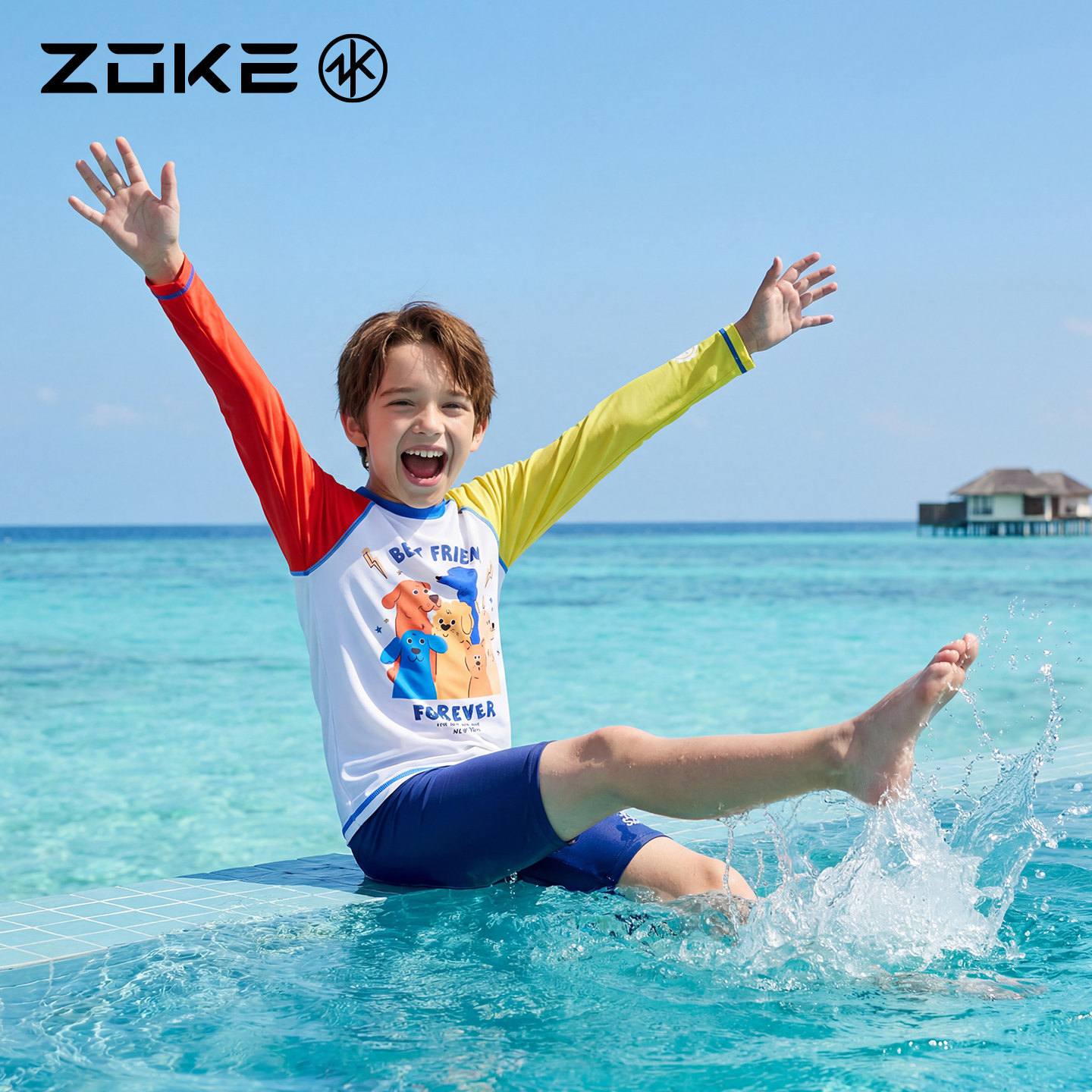 洲克儿童泳衣长袖防晒上衣zoke男童游泳度假沙滩戏水中大童泳衣