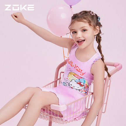 洲克儿童泳衣连体裙摆平角hellokitty公主风速干防晒游泳女孩泳衣