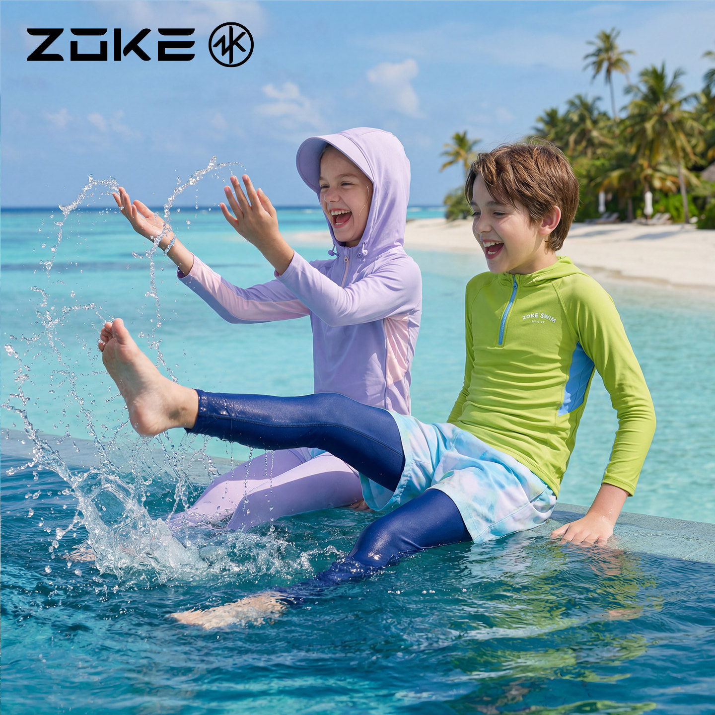 洲克儿童分体长袖长裤防晒泳衣zoke女孩冲浪度假温泉保暖游泳衣