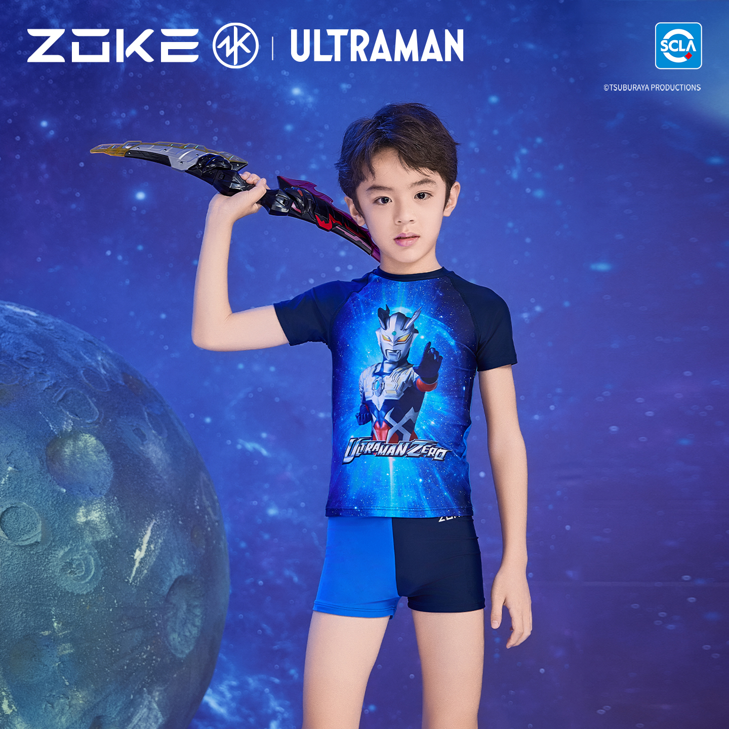 洲克儿童泳衣分体短袖平角zoke赛罗奥特曼男童防晒游泳训练套装