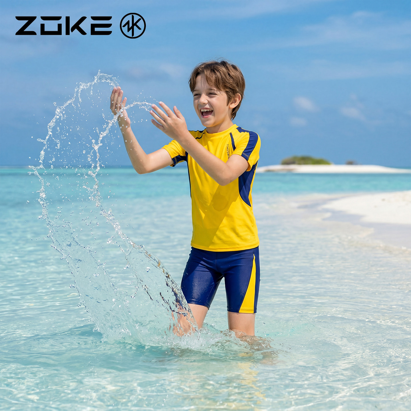洲克儿童泳衣分体短袖防晒五分裤zoke男童游泳训练度假中大童套装