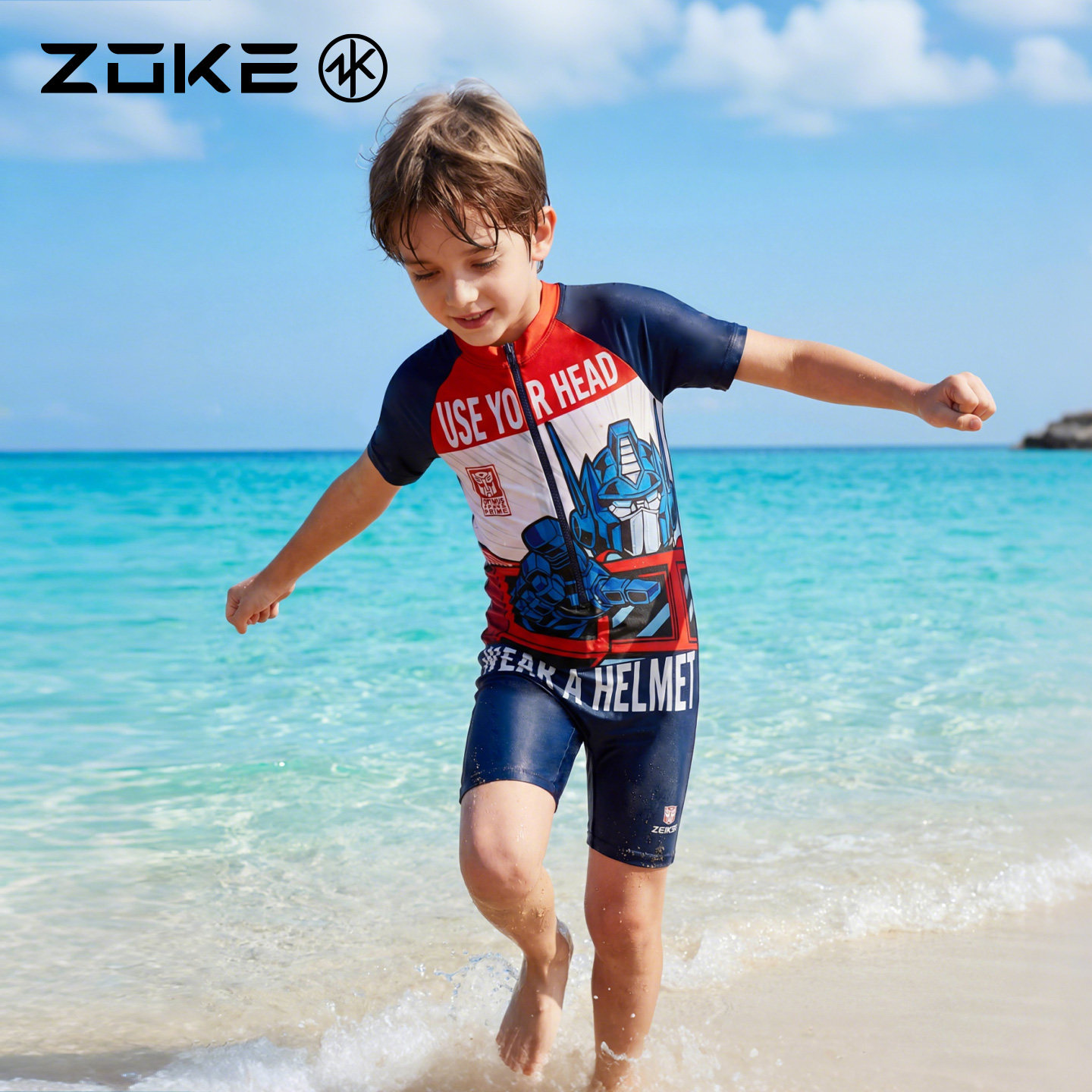 洲克儿童泳衣连体平角短袖防晒zoke男童变形金刚速干游泳分体套装