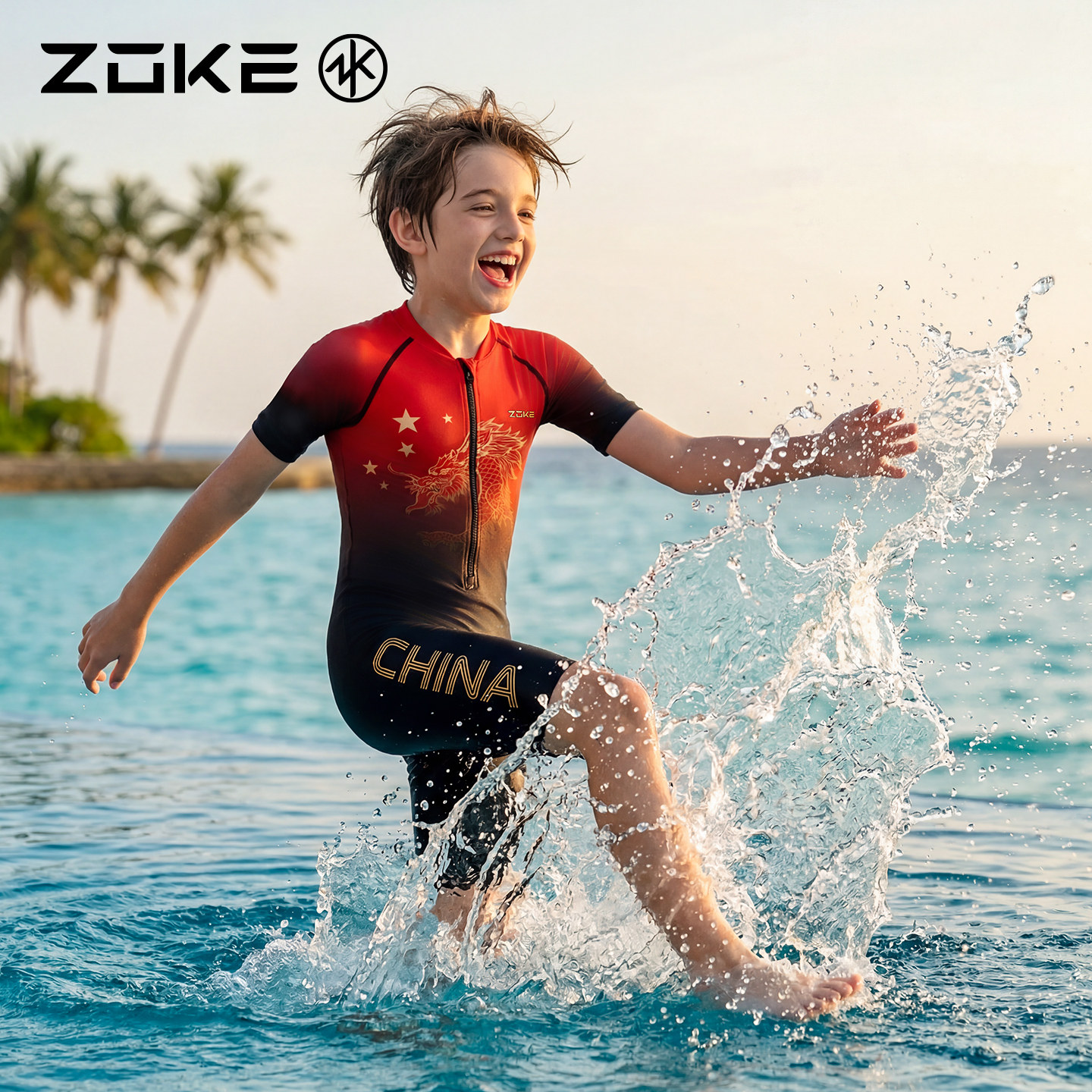 洲克儿童泳衣男童泳裤zoke男孩游泳训练专业中大童套装青少年泳装