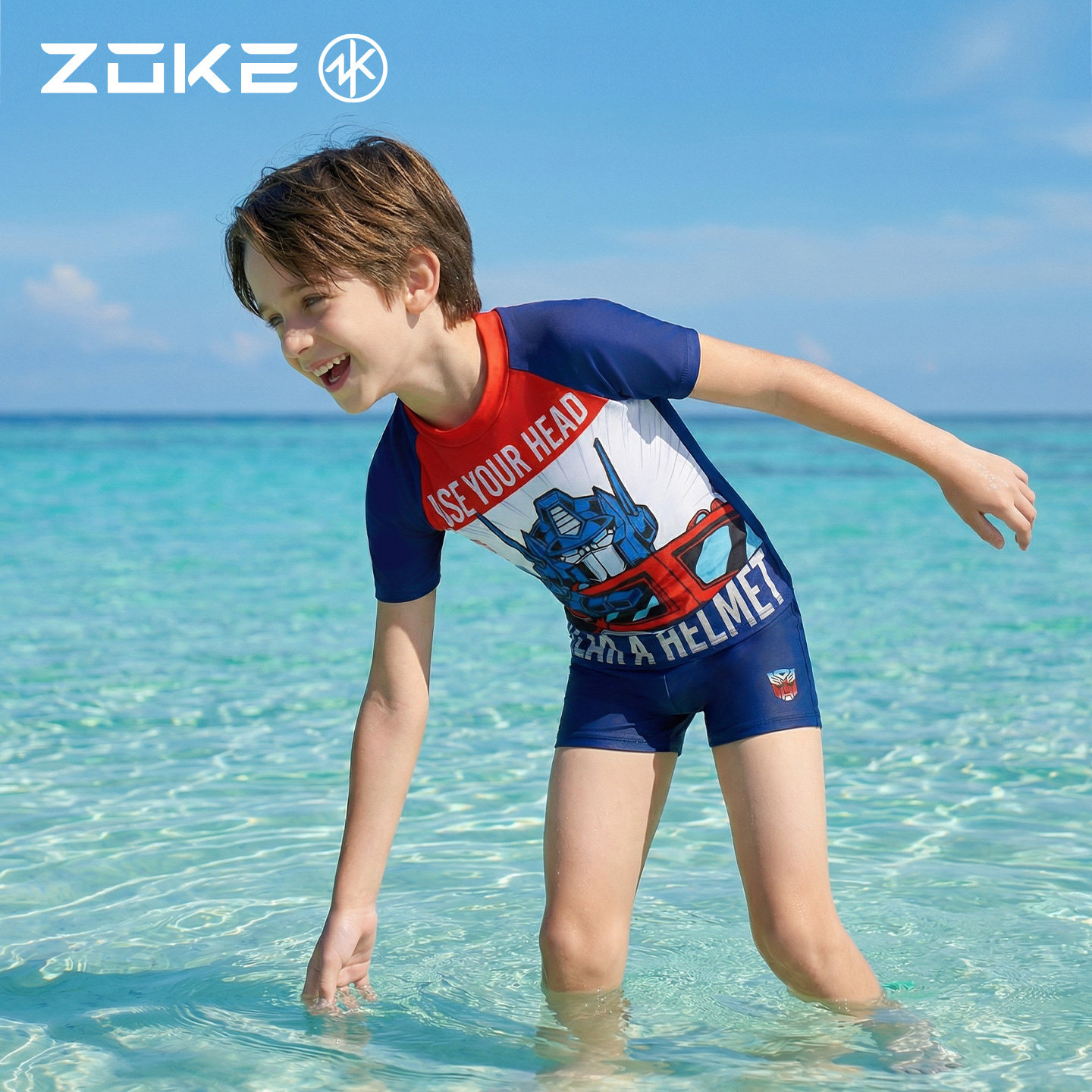 洲克儿童泳衣分体变形金刚防晒速干zoke男童短袖中大童温泉套装