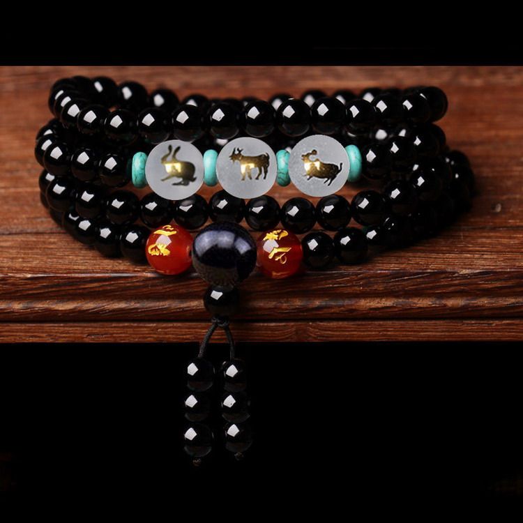 包邮三合木局卯未亥黑玛瑙兔羊猪三合贵人108颗手链项链