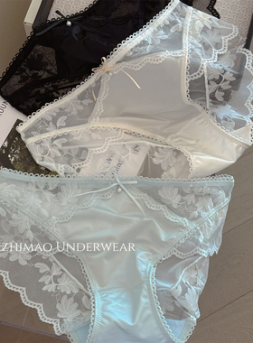 法式轻奢蕾丝内裤女2026新款性感镂空网纱透明低腰三角裤奶油白色
