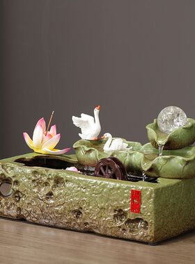 好运连连陶瓷创意荷花招财流水摆件循环水鱼缸室内茶桌轻奢装饰品