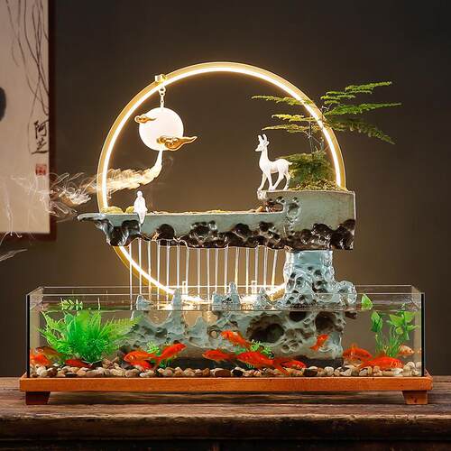 陶瓷假山循环流水玻璃鱼缸创意摆件客厅办公室桌面水生财乔迁礼品