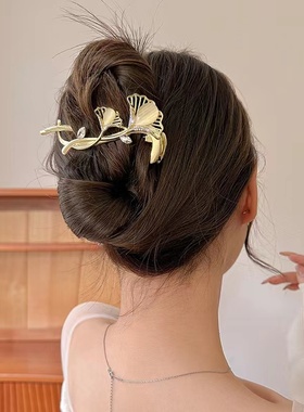 高级感银杏叶发夹轻奢猫眼石发饰女后脑勺发卡青蛙扣扭扭夹一字夹