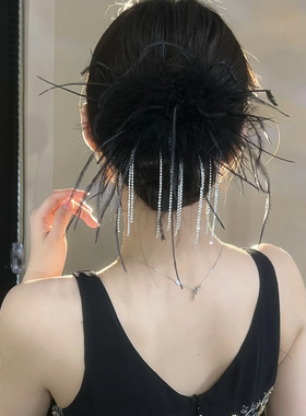 超仙羽毛流苏发夹女2025新款高级感后脑勺盘发鸭嘴夹抓夹头饰发卡