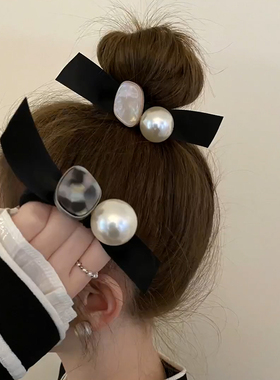 黑色蝴蝶结头饰珍珠头绳扎高马尾丸子头发绳不伤发高弹力皮筋发圈