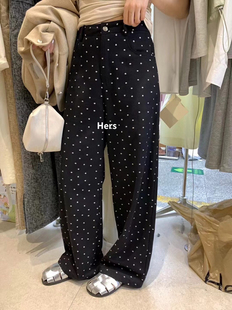 Hers 一勺甜原版小花波点牛仔拖地裤女韩系复古黑色显瘦高腰直筒