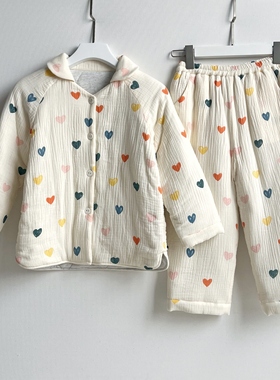 大小儿童女童睡衣2025新款秋冬款纯棉纱布夹棉宝宝保暖加厚家居服