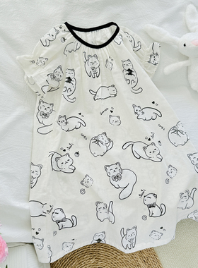 女童睡裙女款儿童睡衣2025新款夏女孩纯棉纱布大童少女居家猫咪裙