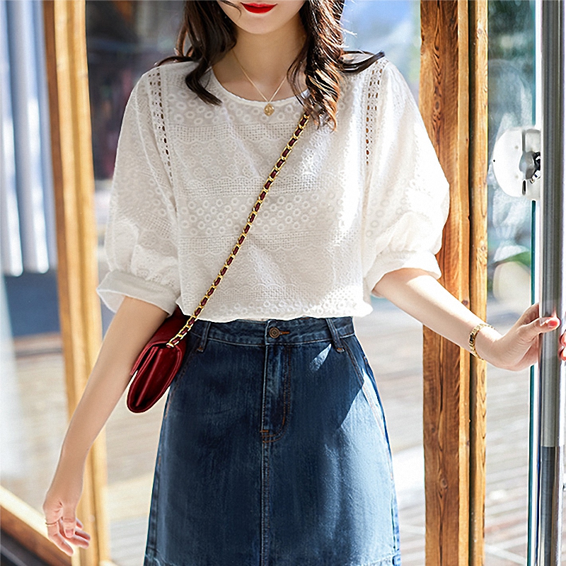 夏季女装韩版批新款发灯笼短袖性感镂空上衣宽松气质蕾丝刺绣衬衫-封面