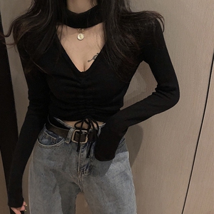 秋冬女装批新款发修身长袖露脐性感上衣显瘦挂脖V领短款针织衫潮