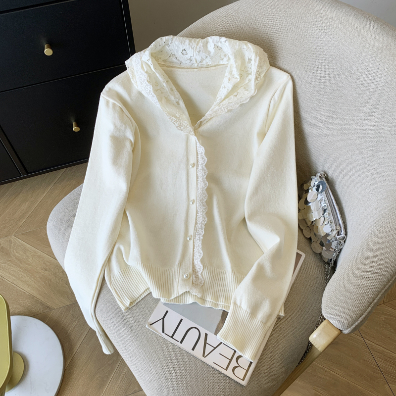 批发时尚设计感蕾丝边连帽针织衫