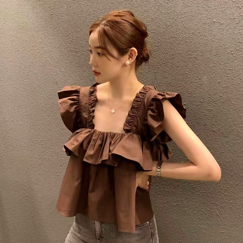 批发荷叶边宽松方领飞飞袖衬衫潮