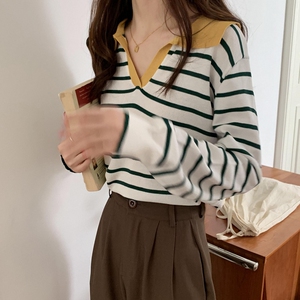 秋冬女装批新款发休闲polo领打底长袖上衣百搭宽松拼色条纹针织衫