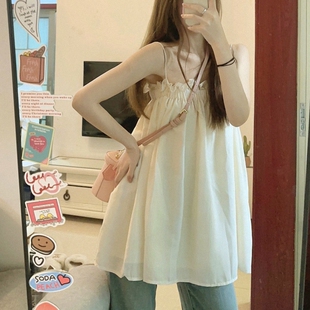 外穿木耳边娃娃衫 夏季 发时尚 批新款 减龄宽松显瘦褶皱吊带背心 女装