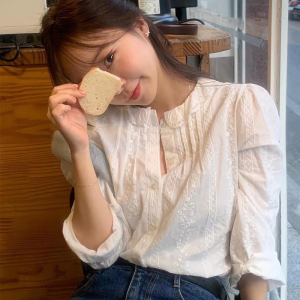 秋冬女装韩版批新款发设计感小众圆领衬衣减龄刺绣蕾丝花边衬衫潮