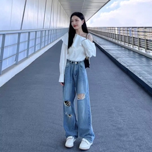 秋冬女装批新款发时尚性感宽松气质上衣长袖荷叶边不规则露肩衬衫