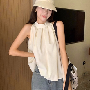 女装 衬衫 批新款 挂脖背心式 潮 发别致宽松显瘦褶皱上衣减龄无袖 夏季