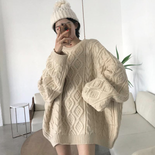 发外穿慵懒风针织线衣麻花宽松毛衣中长款 批新款 外套 韩版 秋冬女装