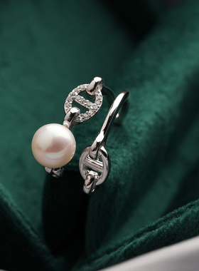 小众纯银正圆淡水珍珠开口戒指