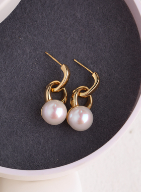 NNU S925厚银镀金天然淡水珍珠OL大气耳饰通勤简约耳环百搭耳扣