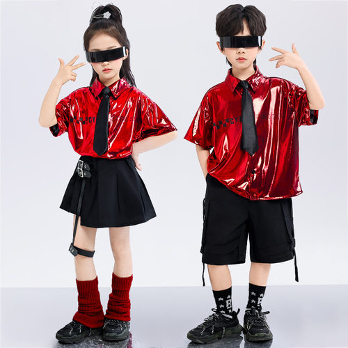 六一儿童啦啦队演出服亮皮科技风
