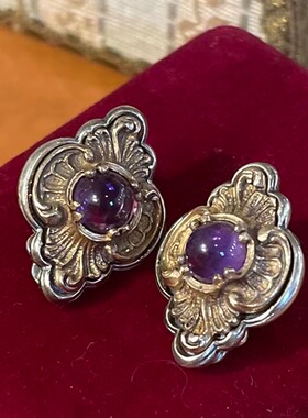 巴伐利亚德银耳环通体925银鎏金紫水晶宫廷复古风卷草浮雕洛可可