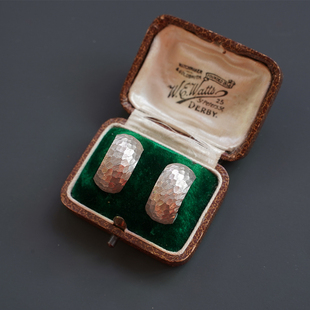 全手工handarbeit捶敲纹耳环925通体银耳圈车花复古vtg意大利设计