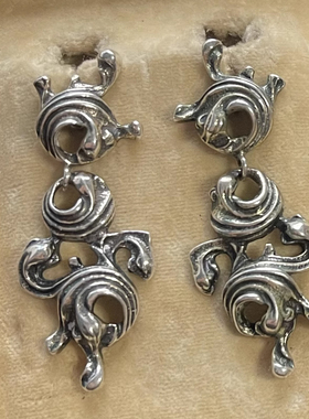 德国BAS卷草纹海浪长款耳坠通体925银裸银做旧银耳钉巴伐利亚宫廷