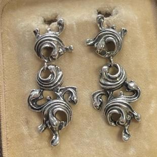 德国BAS卷草纹海浪长款 耳坠通体925银裸银做旧银耳钉巴伐利亚宫廷
