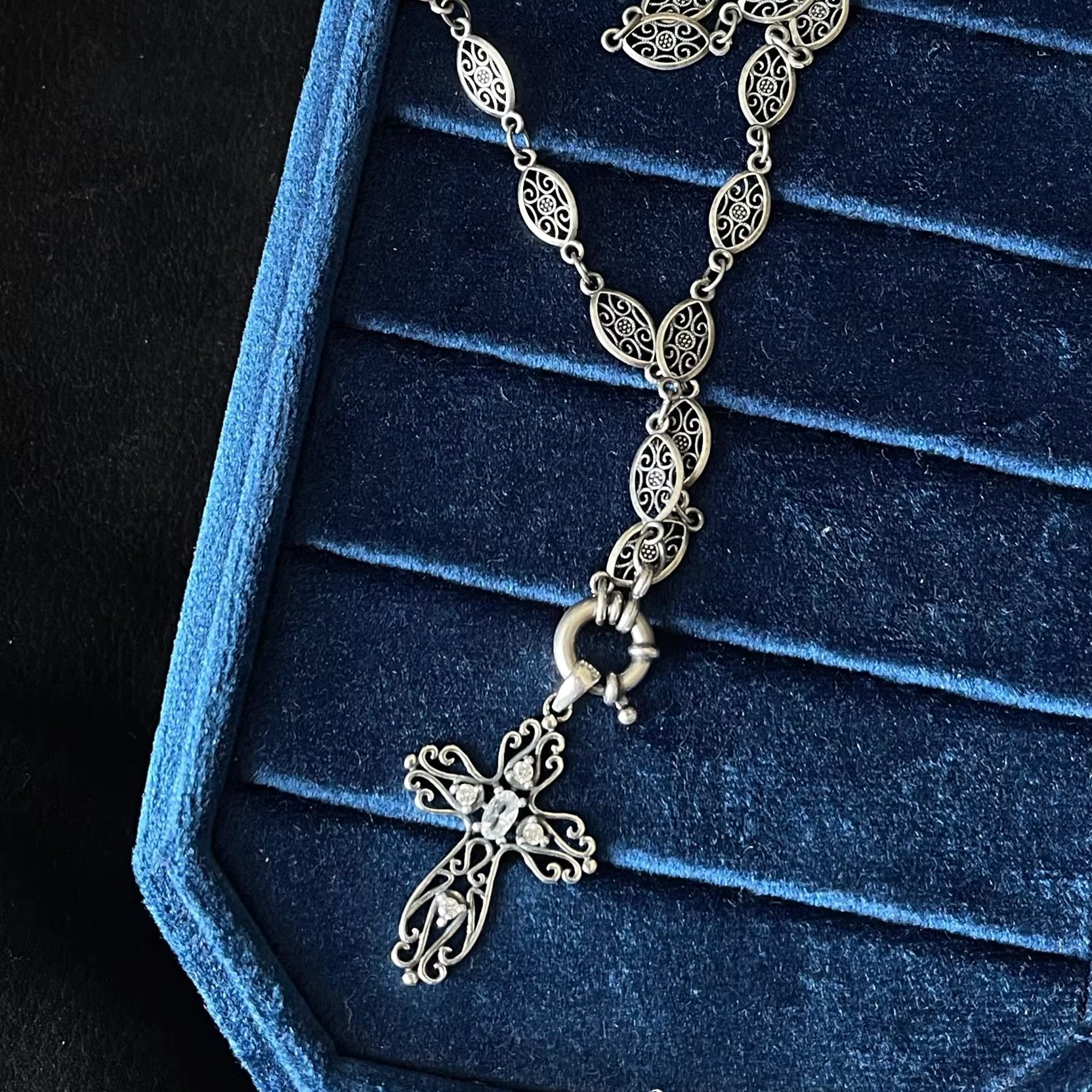 通体925银十字架镂空雕镂意大利古董设计银吊坠锁骨链收藏礼物