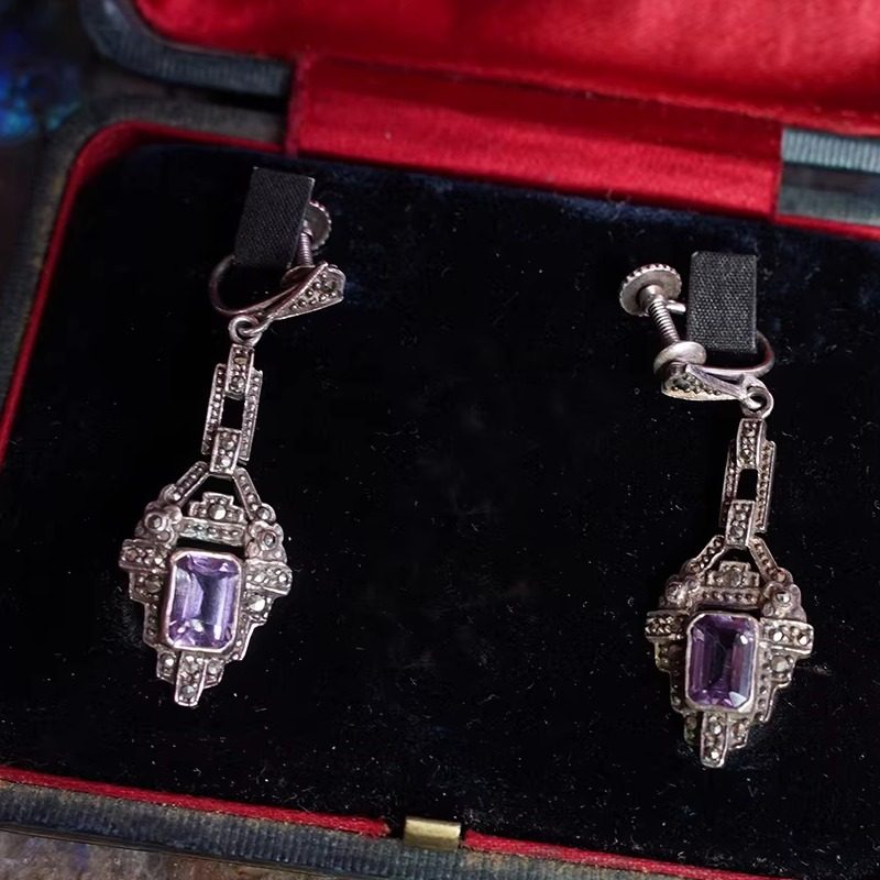 1920年代古董设计阿呆时期ArtDeco经典紫水晶银耳夹定制通体925银,饰品/流行首饰/时尚饰品新,耳环,淘宝优惠券,粉丝福利购,淘宝优惠卷