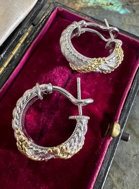 顶奢潮judith1号设计师通体925银鎏金银耳圈麻花编织复古女耳环