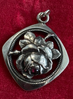 通体纯银925银吊坠做旧项链女款礼物古董设计Teka玫瑰花雕刻吊坠