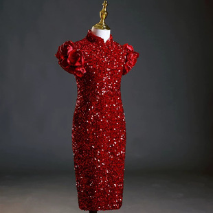 酒红色儿童礼服女童新中式亮片模特走秀鱼尾裙主持人钢琴演出服装