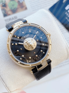 Versus Versace Moscova 黑金手表女浮雕狮头黑色小牛皮欧美腕表