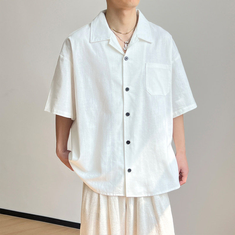 亚麻衬衫男2026新款老钱风短袖男士黑色棉麻男装衬衣休闲宽松上衣