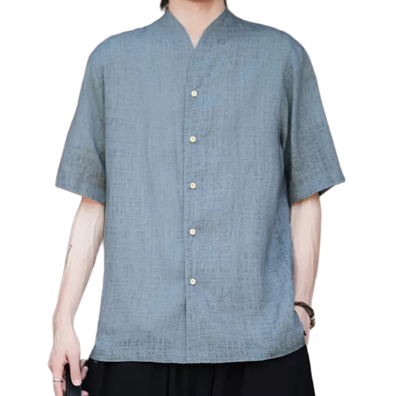 复古唐装男中国风夏季轻薄透气亚麻短袖衬衫汉服宽松大码中袖衬衣