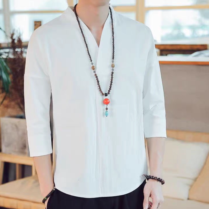 七分袖t恤男宽松夏季潮流大码亚麻短袖男士棉麻中袖上衣薄款半袖