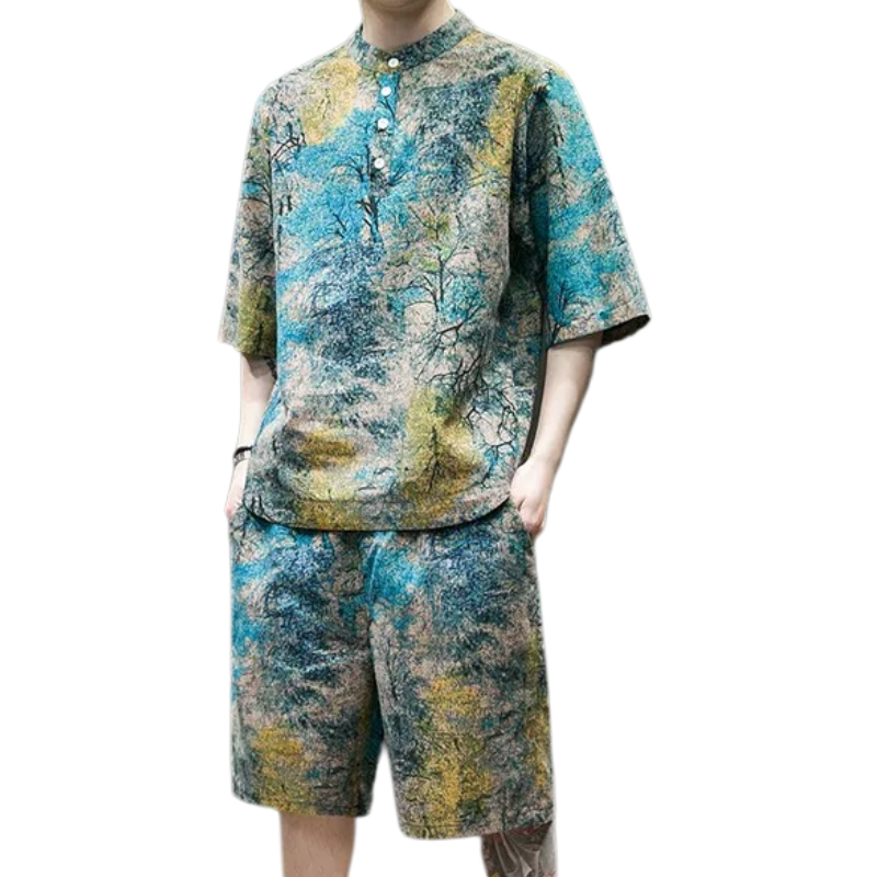 棉麻短袖短裤套装男中国风宽松薄款t恤夏季潮流休闲运动两件套潮