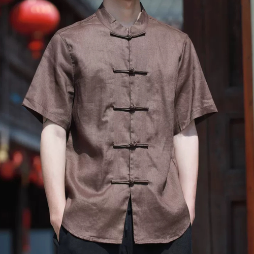 国风100%纯亚麻中山衬衫男短袖唐装中式棉麻休闲薄衬衣夏季青年潮